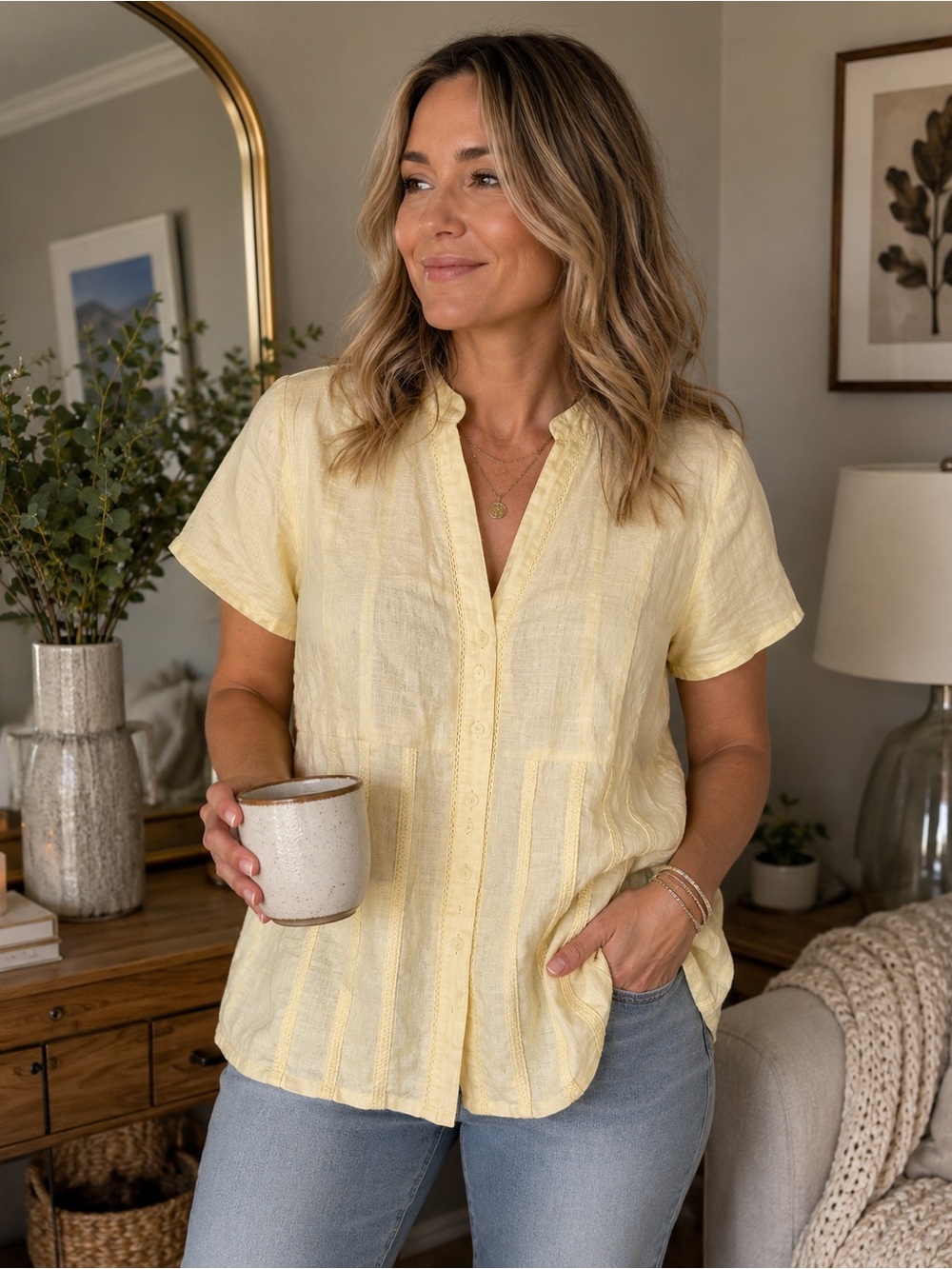 Puli Yellow Linen Button Front Cottagecore Summer Blouse Top Womens size 14